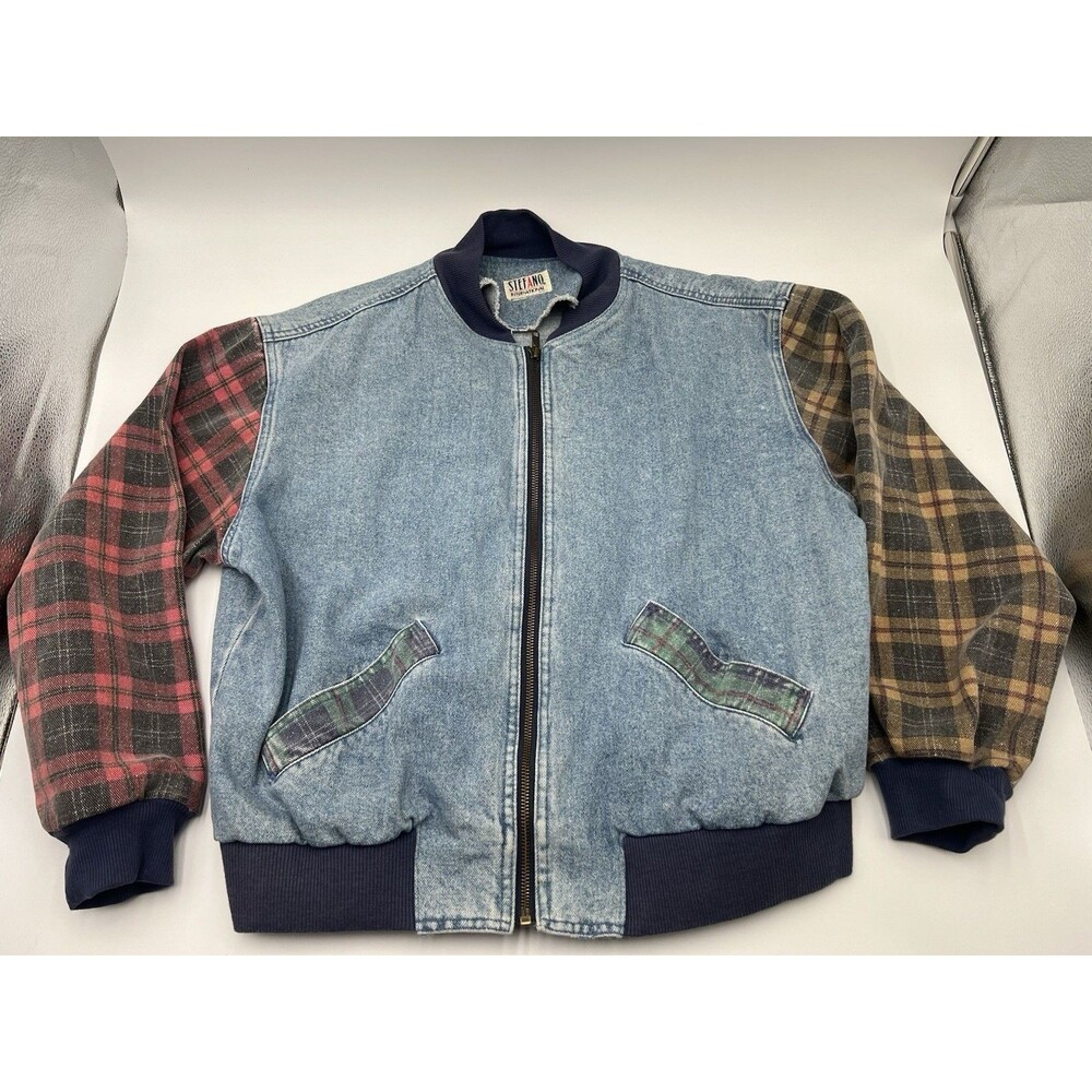 Stefano VTG 90’s Denim Bomber Jacket Plaid Sleeves Women’s Size M/L Streetwear